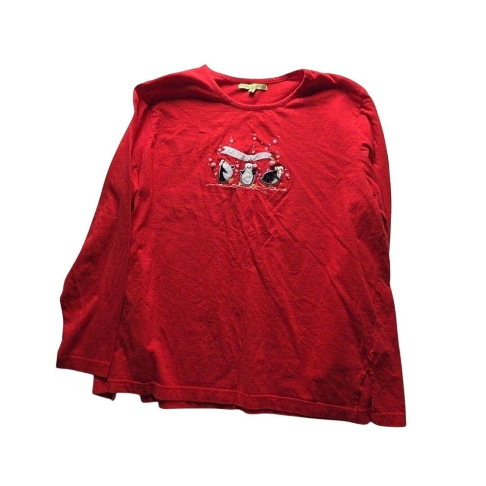 Carolyn Taylor Red Long Sleeve Penguin Holiday Embroidered Top Womens 1X